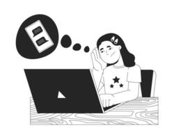Bored girl thinking about chatting with friends black and white 2D line character. Student exhausted by difficult homework solated outline person. Monochromatic spot illustration vector