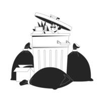 Korean woman with staff box in trash bin cartoon black and white line illustration. Dismissed female feeling like waste 2D linear character isolated. Unemployment monochrome outline image vector