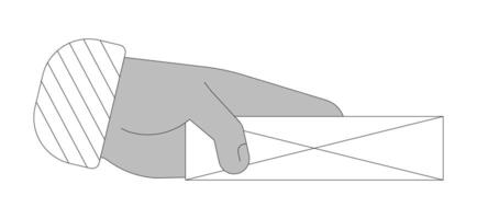 Black person hand giving closed envelope outline illustration. Holding private paper message. Mail delivery service isolated 2D image black and white. Monochromatic drawing clip art vector