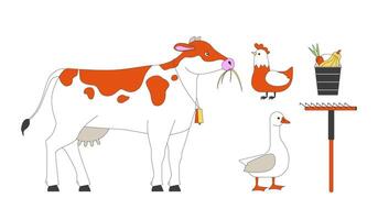 Farm animals with tools 2D cartoon characters, objects set. Husbandry habitats with vegetables and instruments isolated personages, items flat on white background. Spot illustrations collection vector