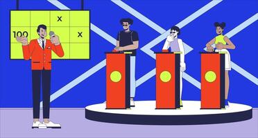 Game show on TV flat illustration. Host microphone, participants behind push buzzers 2D characters cartoon background. Entertainment gameshow competition broadcasting scene storytelling image vector