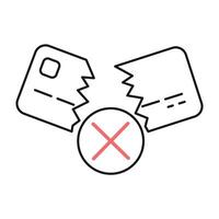 Blocked and broken credit card icon with red cross sign. Declined or rejected payment. Rejected payment vector