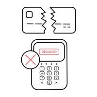 Rejected payment by blocked or broken credit or debit card using POS terminal. Declined payment with cross mark on screen vector