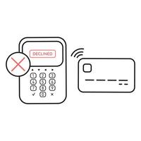 Credit card payment cancellation icon with POS terminal. Rejected contactless payment. Blocked debit card vector