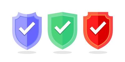 Blue, green, and red badge with check mark. Shields with check mark. Protection concept icon. vector