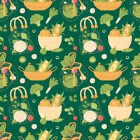 Vegetables in bunting, plates seamless pattern on a green background vector