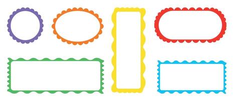 Bright colorful scalloped frames of different shapes and sizes on white background. Wave scallop squiggle cute simple rectangle border set. vector