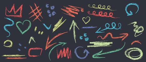 Colorful hand drawn doodles and scribbles with arrows, hearts, and abstract shapes on a dark background. vector