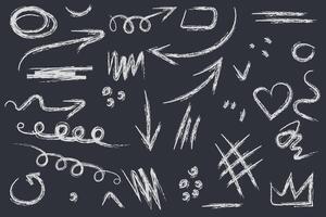 White hand drawn chalk doodles and squiggles with arrows, hearts and abstract shapes on dark background vector