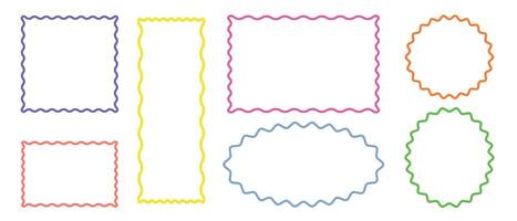 Colorful wavy frames of different shapes and sizes on white background. Wave scallop squiggle cute simple rectangle border set. vector