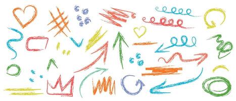 Colorful hand drawn chalk doodles and squiggles with arrows, hearts and abstract shapes on white background vector