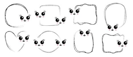Cute kawaii frames with smiling cat faces and big eyes on white background. vector