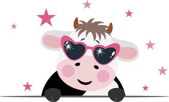 Cool super star cow with heart sunglasses peeking out vector