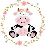 Funny cow in the round frame with spring flowers vector