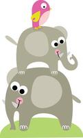 Cute elephant on top of another and bird vector