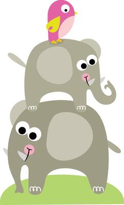 Cute elephant on top of another and bird