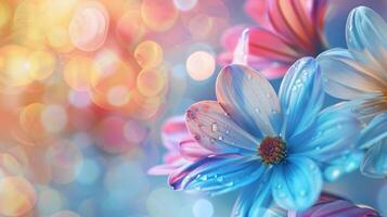 Close-Up of a Blue Flower with Dew Drops and Bokeh Background photo