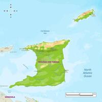 Trinidad and Tobago physical map with national borders, rivers and lakes, mountains, parks, labeling vector