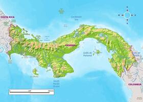 Panama physical map with national borders, rivers and lakes, mountains, parks, labeling vector