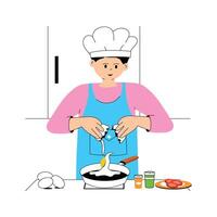 A chef expertly fries eggs in a pan, egg frying flat illustration vector