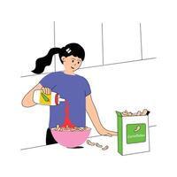 A person prepares a bowl of cornflakes with added ingredients vector