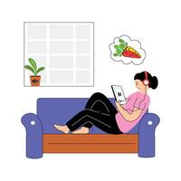 Woman relaxing on couch while watching cooking recipe on mobile vector
