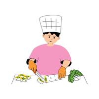 A chef carefully cuts sushi rolls in the kitchen vector
