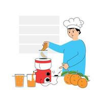 Professional chef making fresh orange juice uses a juicer vector