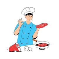 A professional chef grilling beef steak in modern design style vector