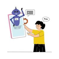 A talking robot with mobile, virtual assistant flat illustration vector