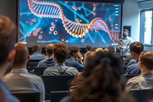 In a vibrant lecture hall a group of attentive students is captivated by a large screen displaying an educational film on DNA photo