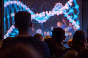 A group of students is captivated by a large screen displaying an educational film on DNA, modern technology enhances the understanding of complex genetic concepts photo