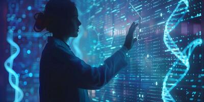 A female scientist in a pristine white lab coat meticulously analyzes a DNA sequence displayed on a large high-tech digital screen photo