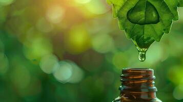 a drop flows from a leaf into a jar, green blured background, medicine, homeopathy concept, copy space photo
