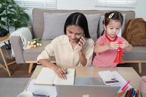 Multitasking Mother on Call While Child Plays Nearby photo