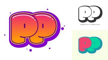 PP logo design for festival or party. Initial letter p and p in graffiti style. Creative modern lettering company name of font typography. Kids trendy logotype or identity. vector