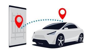 Connection car and smartphone. Search for SUV in the parking lot through the mobile application in the phone. illustration. vector