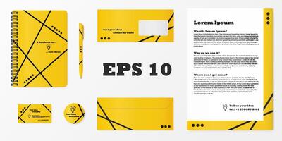 Realistic mock up workspace objects. Notebook cover, pen, badge, card, post and letter in yellow and black corporate colors to jot down your ideas. vector