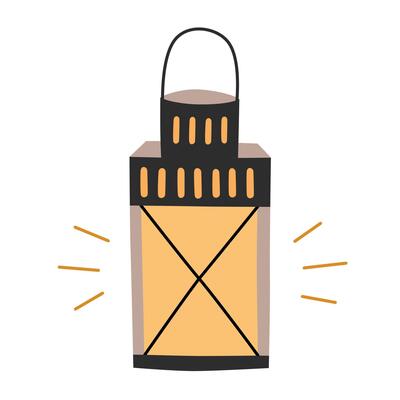 Flat illustration of vintage lantern with warm yellow glow in simple and cartoon style. Symbol of light and guidance, gardening equipment, ideal for garden decor, camping, festivals designs