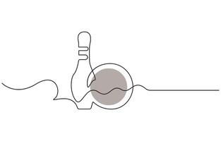 Single one line drawing bowling ball and pins vector
