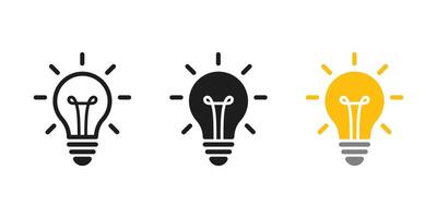Light bulb with rays shine icon set. Idea symbol. Electric lamp, light, innovation, solution, creative thinking, electricity. Outline, flat, and colored symbol illustration. vector