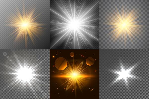 Set of glowing stars and light explosions with magic dust