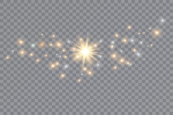 White sparks and golden stars shine with special light. Christmas light effect. Sparkling magical dust particles.