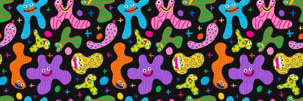 Seamless pattern abstract various funny creatures and doodle monsters or fantastic animals, cute colorful characters. Trendy hand drawn background vector