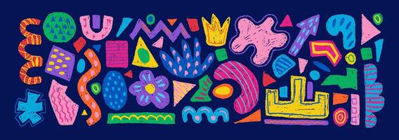 Hand drawn set of colorful abstract geometric shapes, forms. collection of contemporary texture figure in doodle style. Design element perfect for banner, print, stickers, decor vector