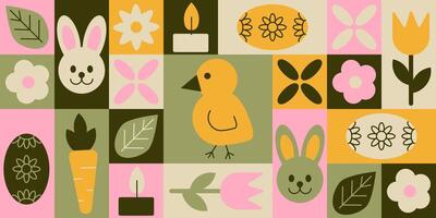 Easter horizontal banner in geometric style with nature elements and flowers. Season holiday items in simple geometric shapes, flat style. Good for background, greeting card vector