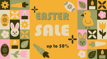 Easter sale high contrast abstract horizontal banner in geometric style. Spring holiday elements in simple geometric shapes, flat style. Good for advertisement and trading vector