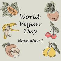 World Vegan day square greeting card with fruits in boho style vector