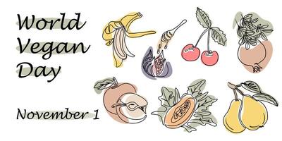 World Vegan day banner with fruits in boho style. Hand drawn illustration in doodle style. Template for background, banner, card, poster with text inscription vector
