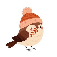 Sparrow. Cute little bird in a hat with a twig in its beak. Autumn birds. Autumn knitted hat. Flat illustration on white background. vector